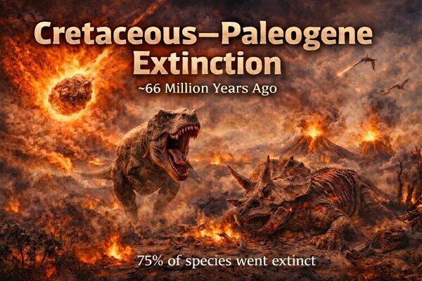 The mass extinction at the end of the Cretaceous killed off 75% of species including non-avian Dinosaurs.